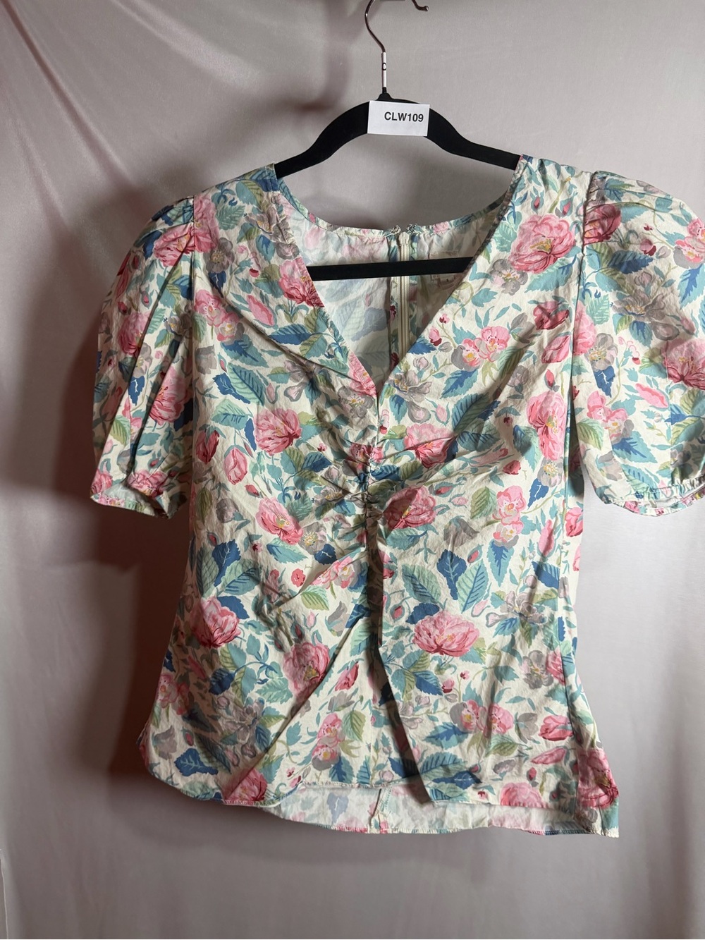 La Vie by Rebecca Taylor Ivory Floral Ruched Puff Sleeve Blouse Size S CLW109E